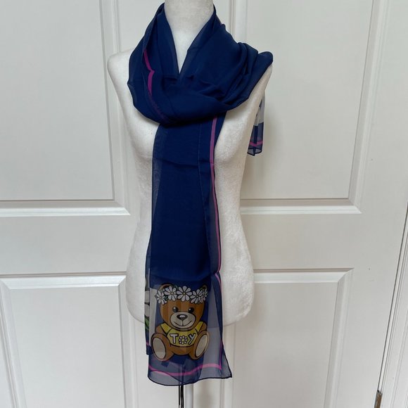 Moschino Accessories - Floral Crown Teddy Bear Silk Scarf in Blue from MOSCHINO